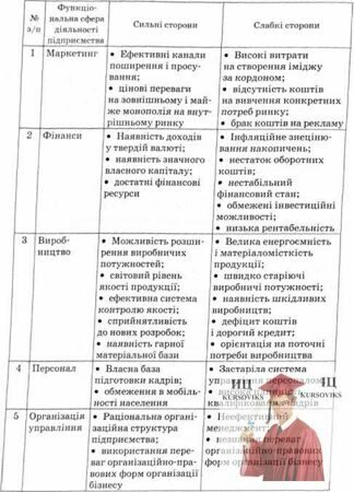 Б3724, Таблиця 1.2 - Сильні та слабкі сторони підприємства (приклад)
