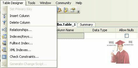 Б1314, Рис. 5 - Пункт меню Table Designer в SQL Server