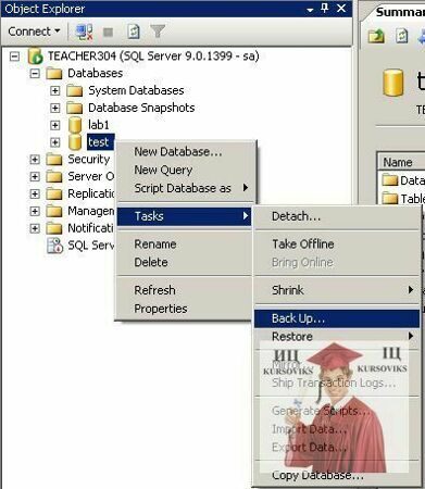 Б1314, Рис. 9 – Вибір Tasks - Back Up в SQL Server